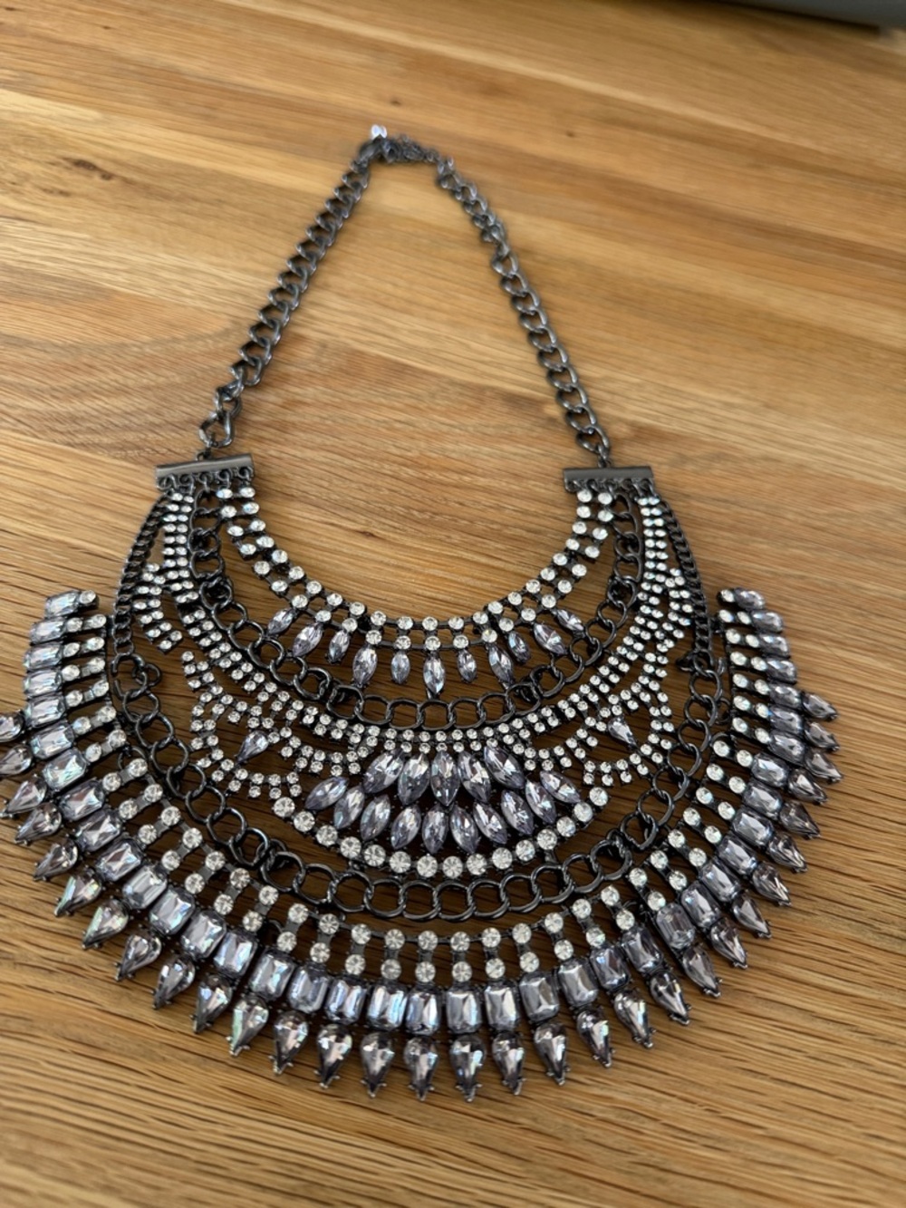 Statement Gunmetal Silver-Tone Crystal Bib Necklace Tribal, Goth, Egyptian Vibes